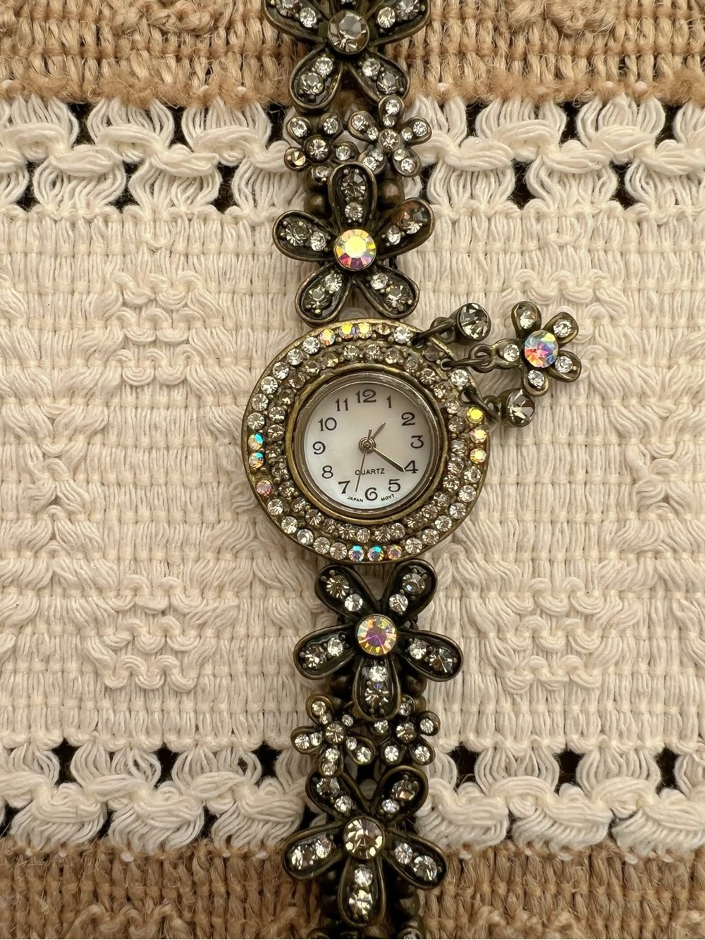 Vintage Rhinestone Floral Bracelet Watch